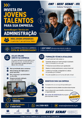 Foto da notícia O SEST SENAT está com uma excelente oportunidade para as empresas que desejam formar novos talentos e, ao mesmo tempo, cumprir a legislação referente à contratação de aprendizes.